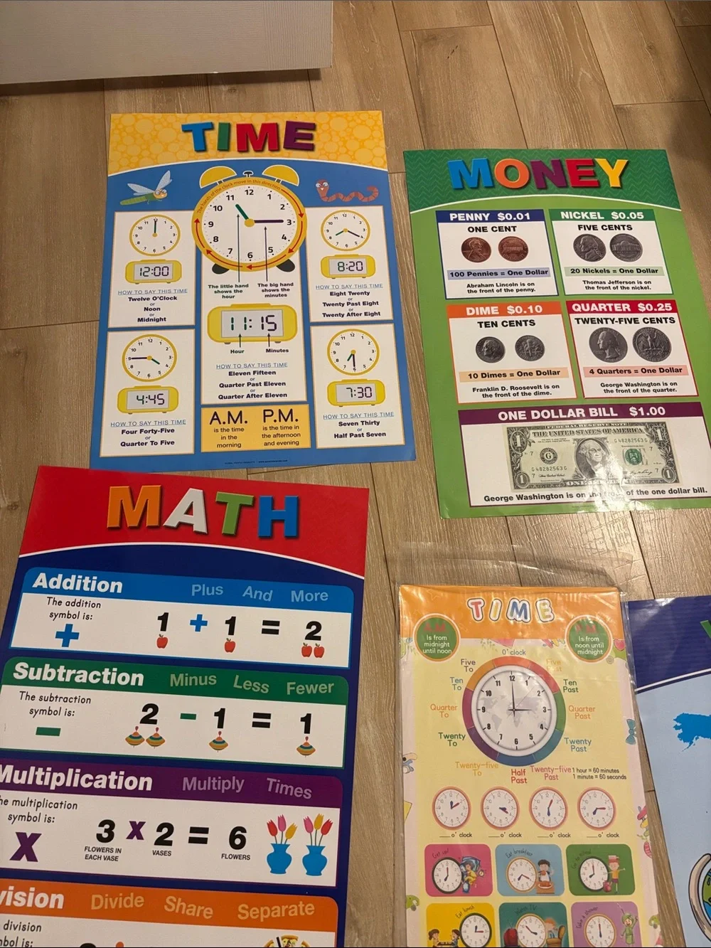 Kids Double sided educational posters  Time, Money & Math Learning Posters